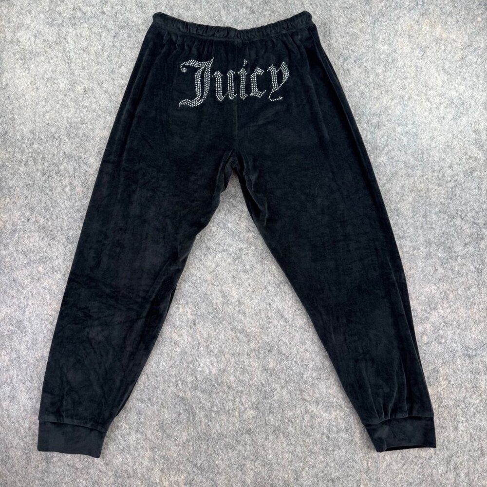 Juicy Couture Sleepwear Joggers Black Velour Bling Sz L - Picture 1 of 9